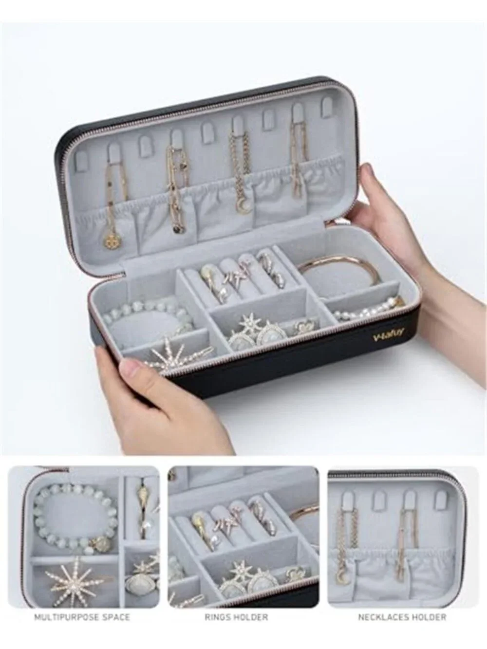 Travel Jewelry Case Organizer Portable Box Rings Earrings Necklaces Watch Black